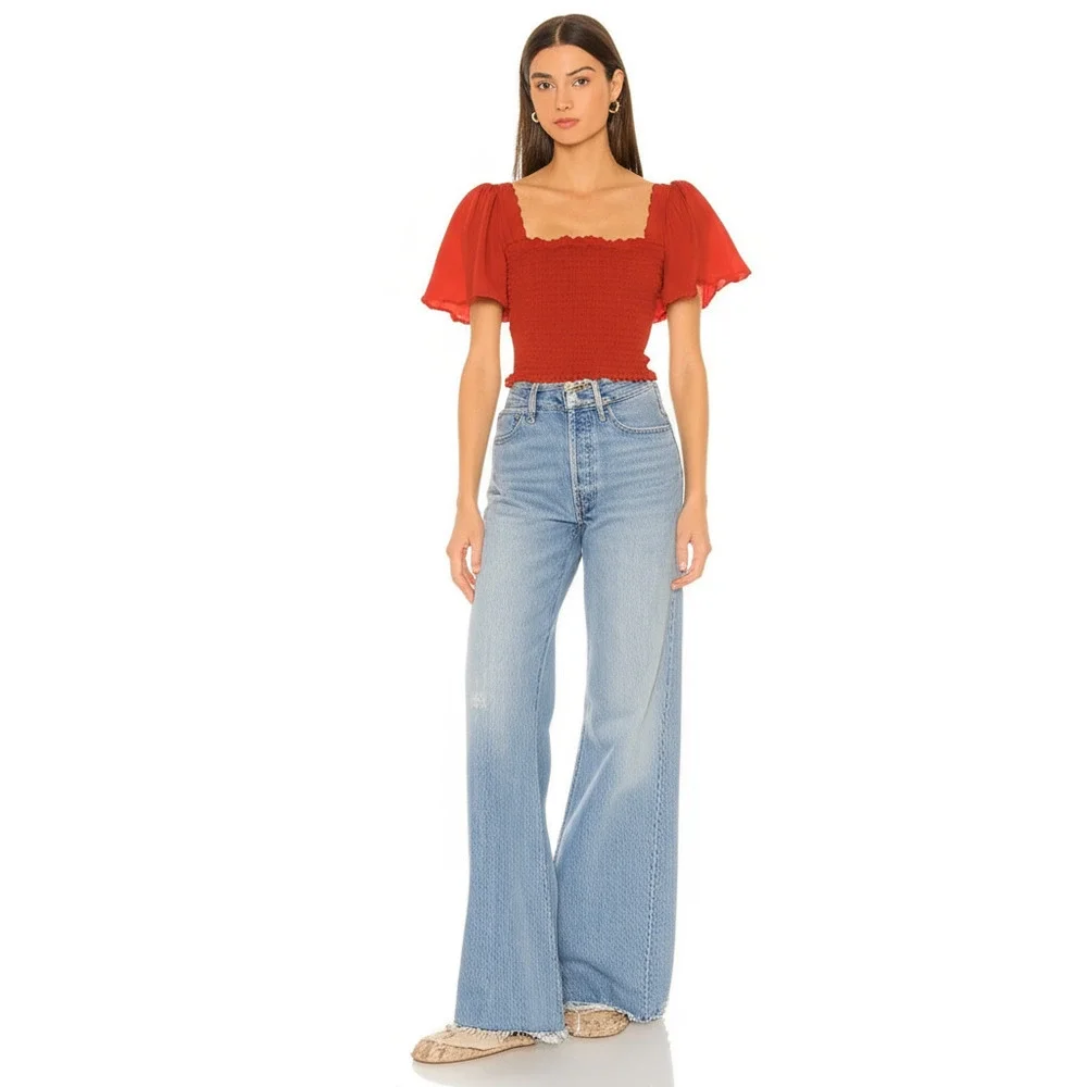 NEW Abercrombie & Fitch Red Smocked Bodice Puff Sleeve Short Sleeve Blouse Sz XS